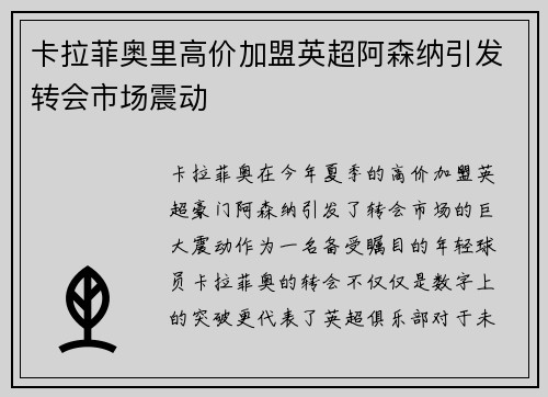 卡拉菲奥里高价加盟英超阿森纳引发转会市场震动 卡拉菲奥里高价加盟英超阿森纳引发转会市场震动