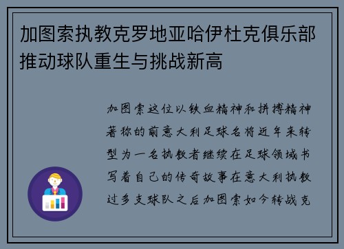 加图索执教克罗地亚哈伊杜克俱乐部推动球队重生与挑战新高